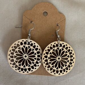 Woodcut Dangle Earrings 1.5 Inch in Diameter with Silver Hooks